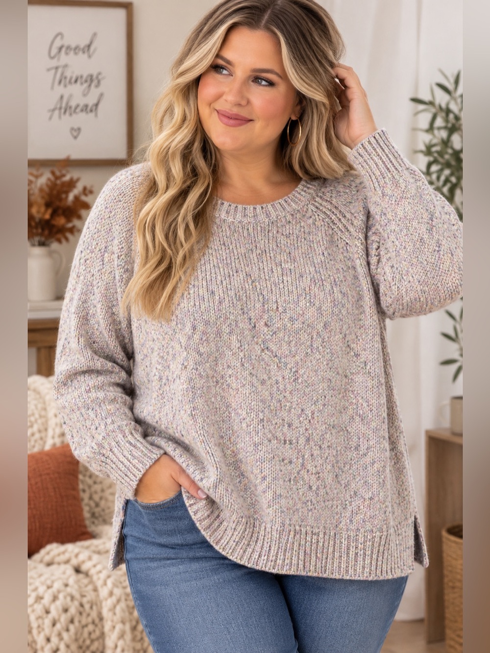 LOFT Plus 1X Pastel Multicolor Speckled Knit Crewneck Sweater